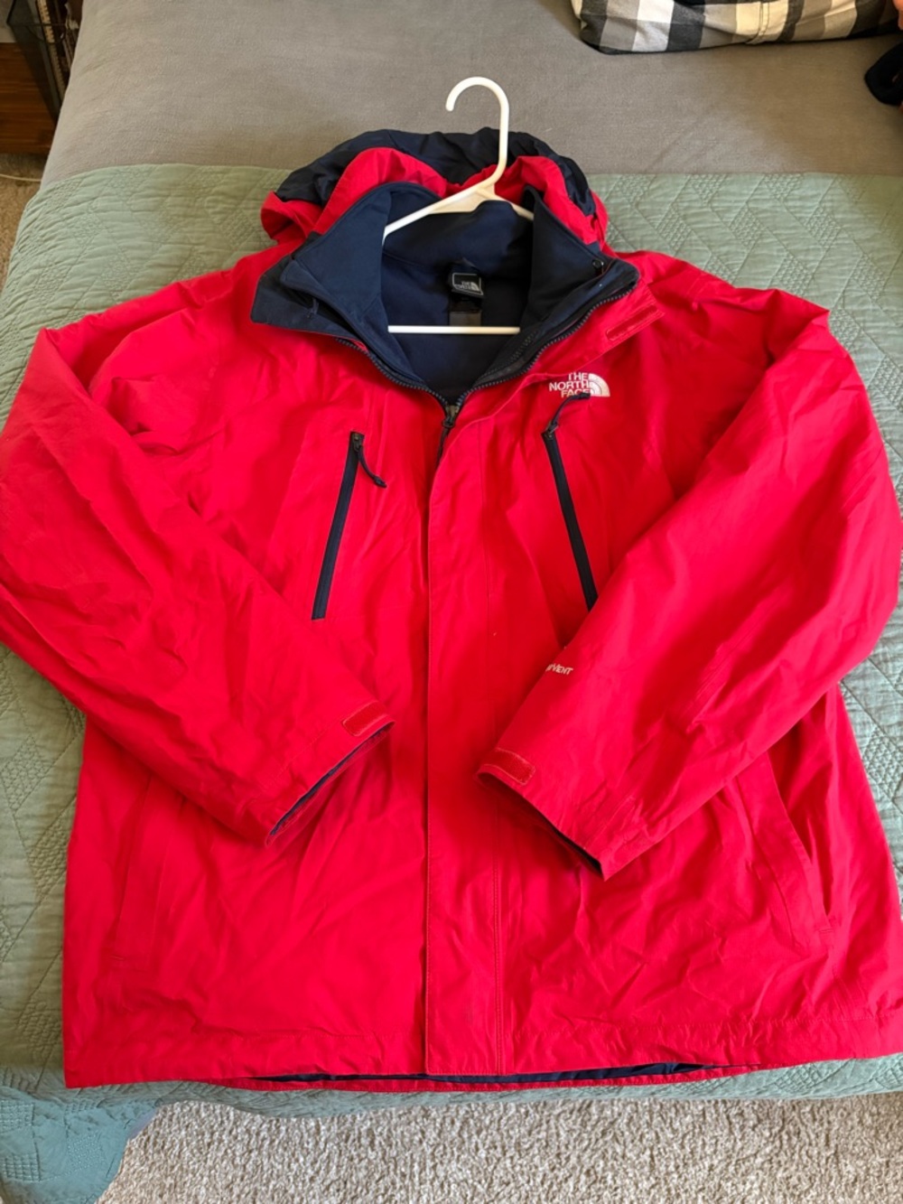 The North Face Men’s Red Hooded Rain Jacket with Navy Lining
